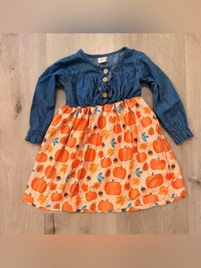 Dash of Glitter Boutique Denim & Pumpkin Fall Dress Size M (3T)